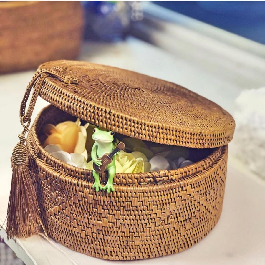 丸型蓋付バスケット アタ雑貨 バリ島 エスニックインテリア 収納かご
