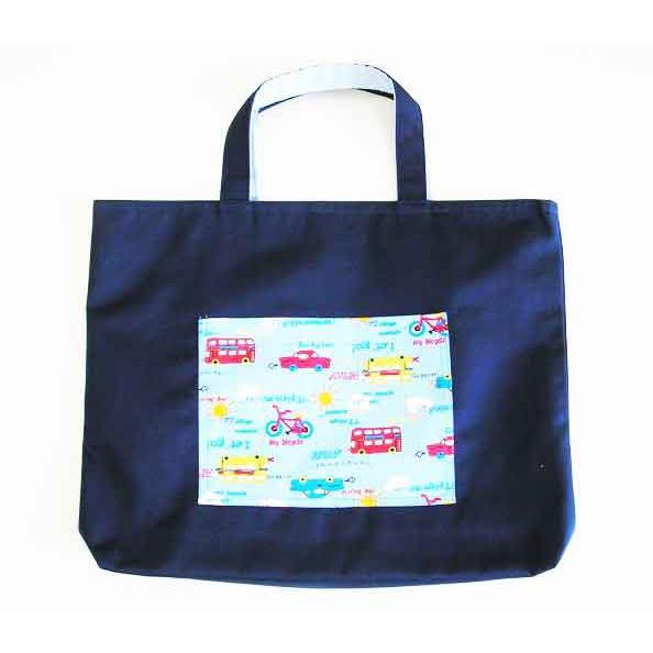 手提げレッスンバッグ【30cm×40cm×マチ5cm】紺地にブルー車トート