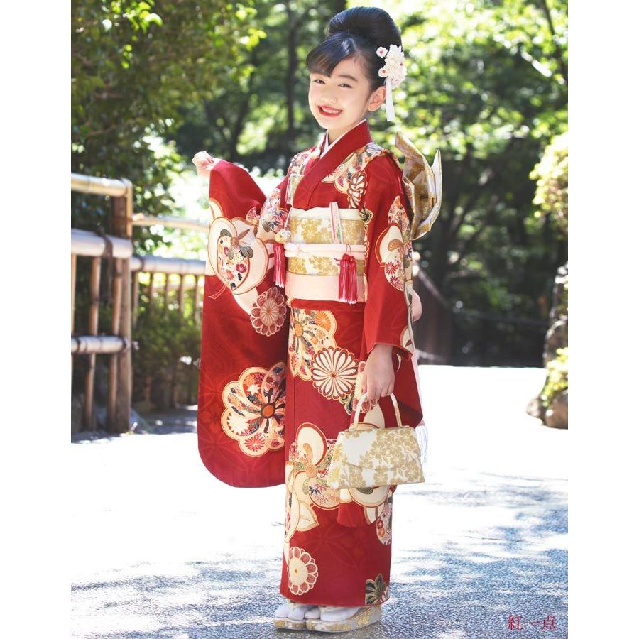 511ag59□七五三 七歳 女児 着物&袋帯&長襦袢 手鞠 駒 赤□美品