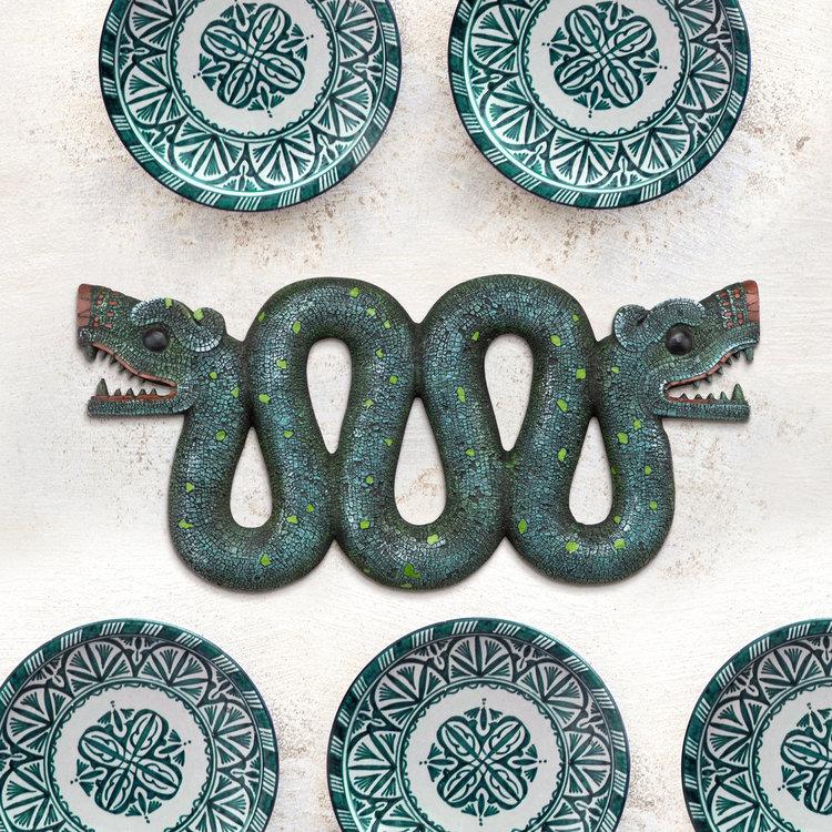 古代アステカの双頭の蛇の壁彫刻壁飾りターコイズ色モザイクヘビ装飾品