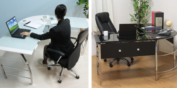 ワークデスク L字デスク 幅156cm パソコンデスク ガラス天板 メッキ