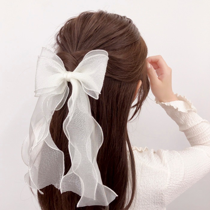 残りわずか】【グレー完売】ヘアゴム シアーリボン シルバーエッジ