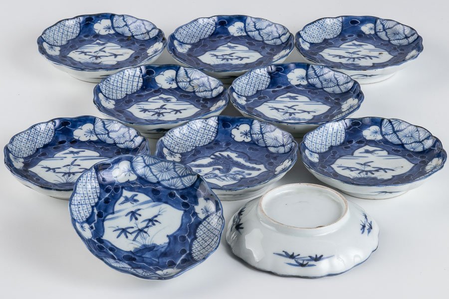 古伊万里】 染付白抜き雲鶴梅花文豆皿 手塩皿 10客セット 江戸後期