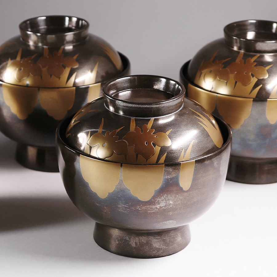 四代 中津正克 銀漆器 椀 輪島塗 中津漆器店 八つ橋 燕子花 五客 共箱付