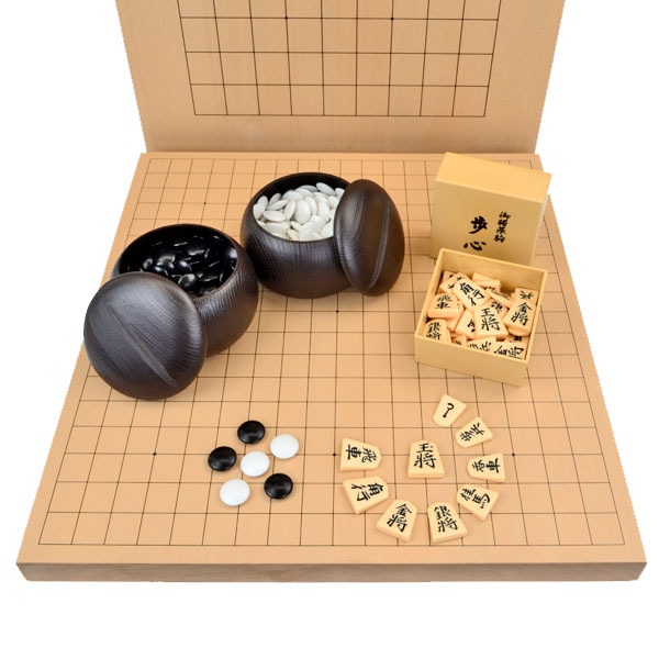 囲碁将棋両用卓上盤新桂1寸セット(プラ碁石・ブロー碁笥・プラ将棋駒