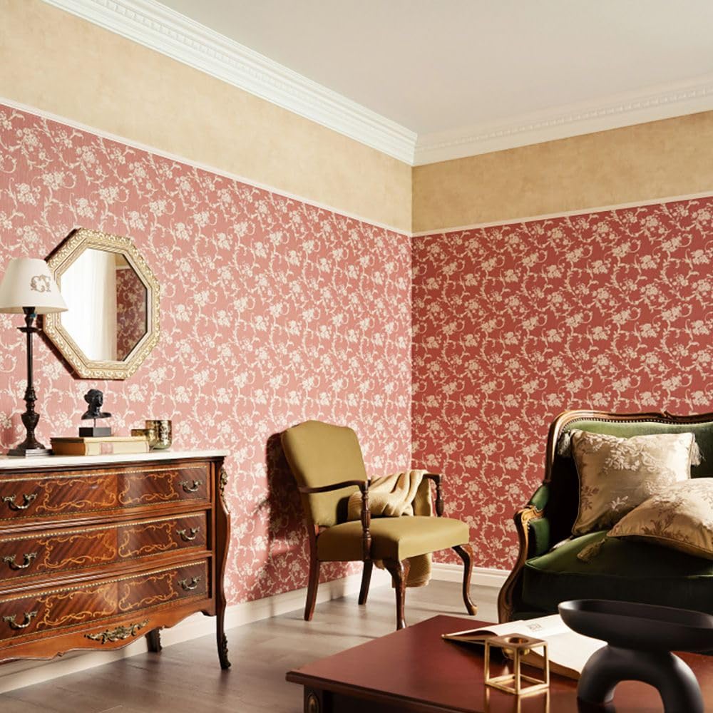 Amazon | 壁紙屋本舗 壁紙 のりなし クロス 花柄 アラベスク柄 赤