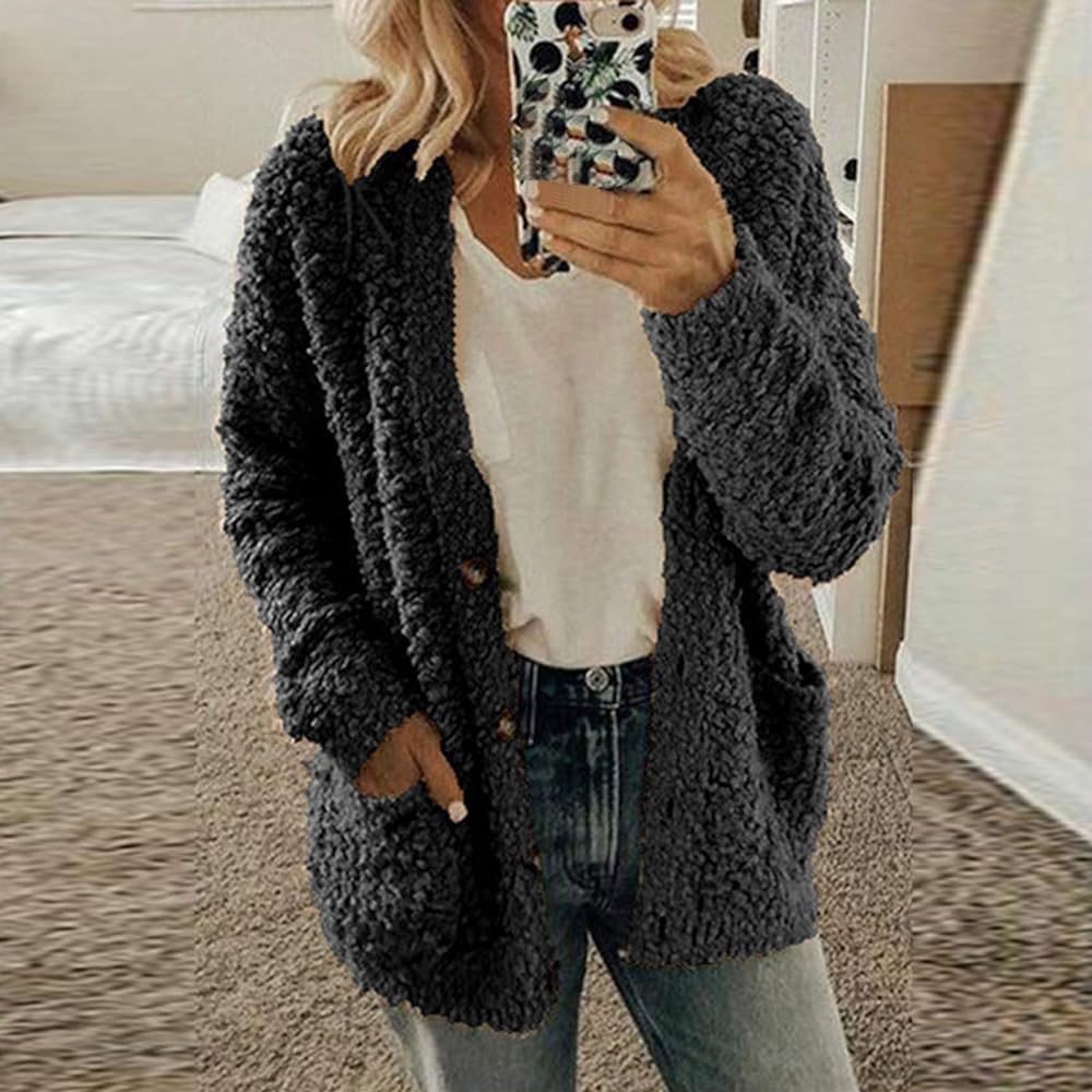 Women's Fuzzy Popcorn Button Down Long Sleeve Cardigan Knit