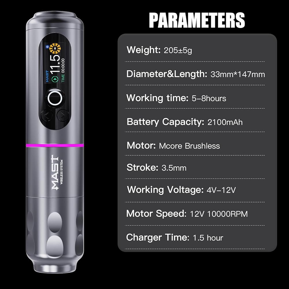 Mast Archer2 Cordless Tattoo Gun, Tattoo Machine Brushless Motor