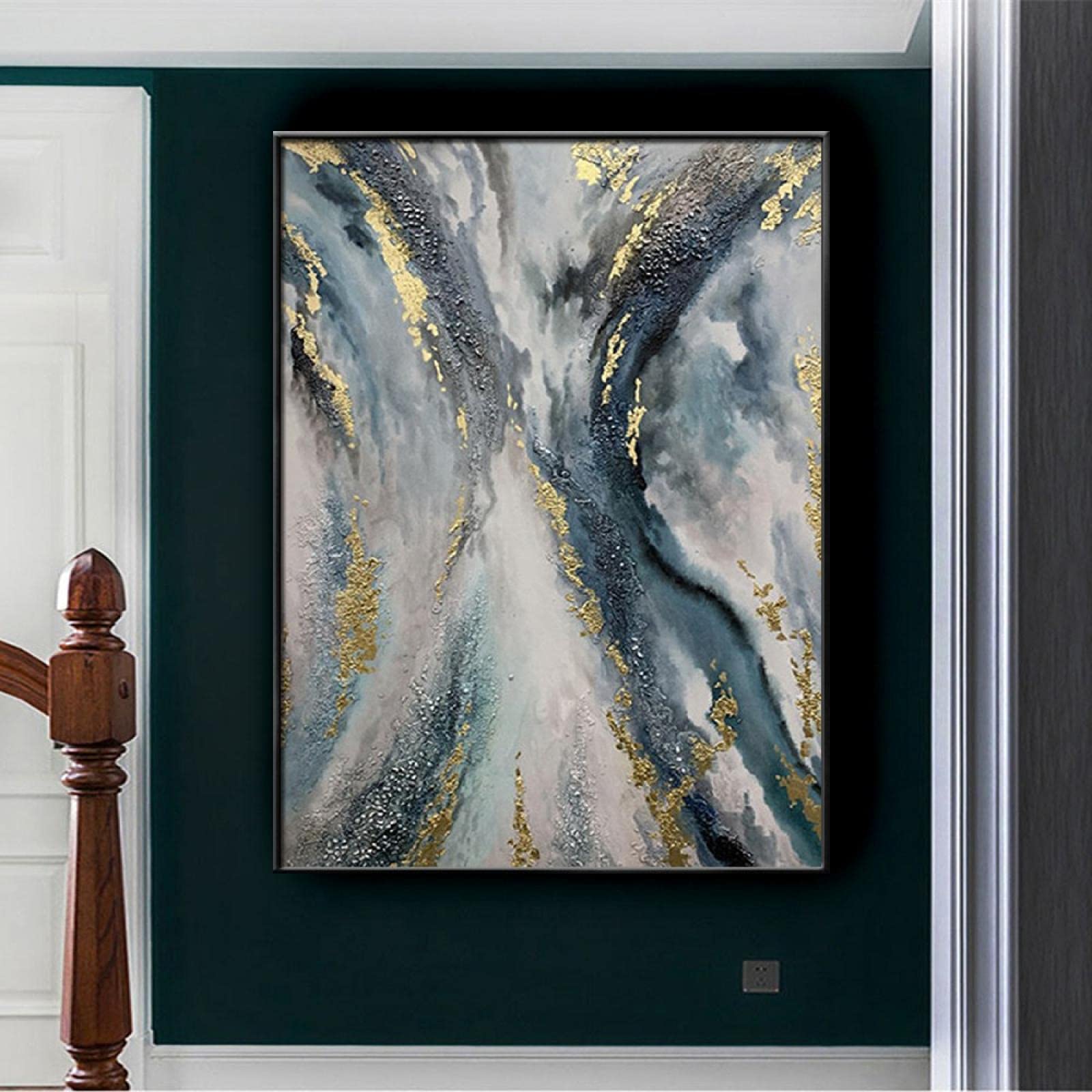 Amazon.co.jp: 抽象油絵現代特大アート絵画大青シルバーグレー縦壁画