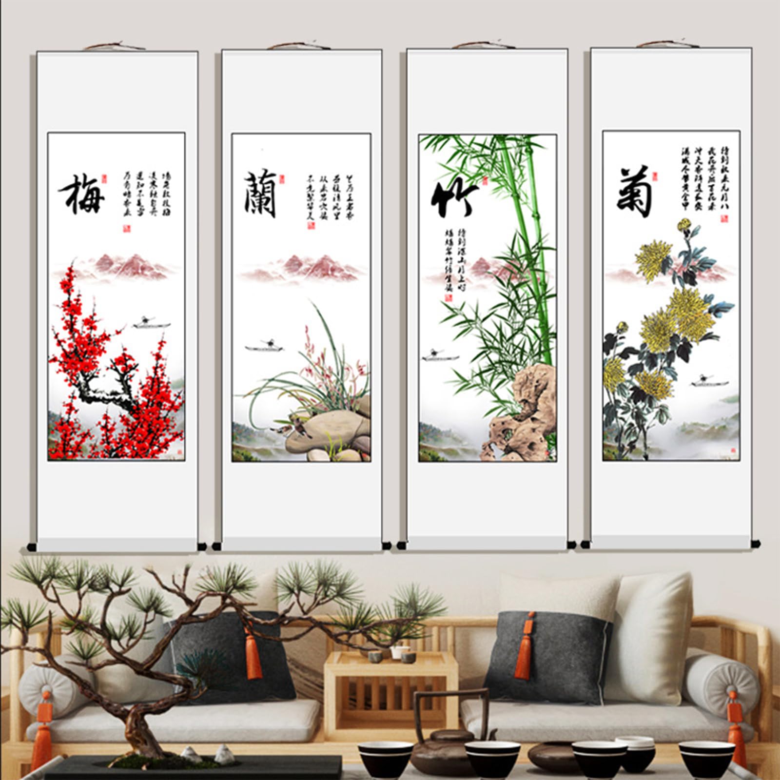 Amazon.co.jp: 掛け軸 梅蘭竹菊 四君子図 4枚組の絵 人気 現代の