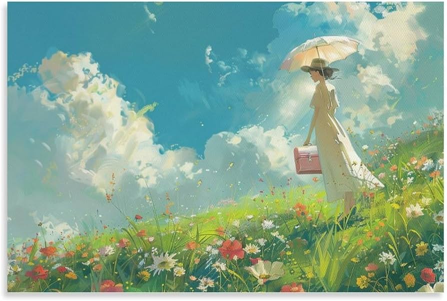 Amazon.co.jp: 絵画 花畑の景色を眺める白いドレスの女性 アートパネル