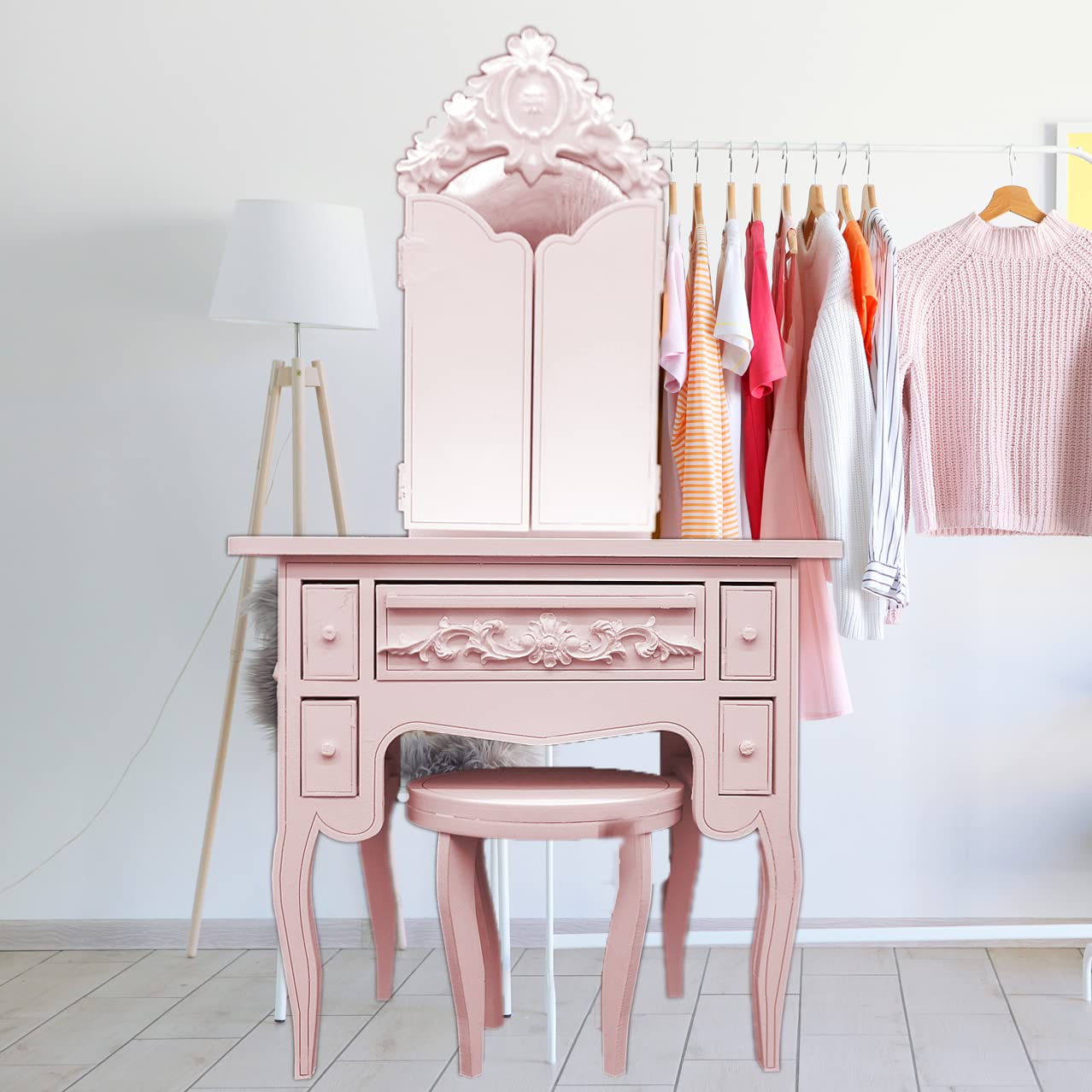 Amazon | 3面鏡 ドレッサー 椅子 セット スツール 鏡台 1/6 ドール