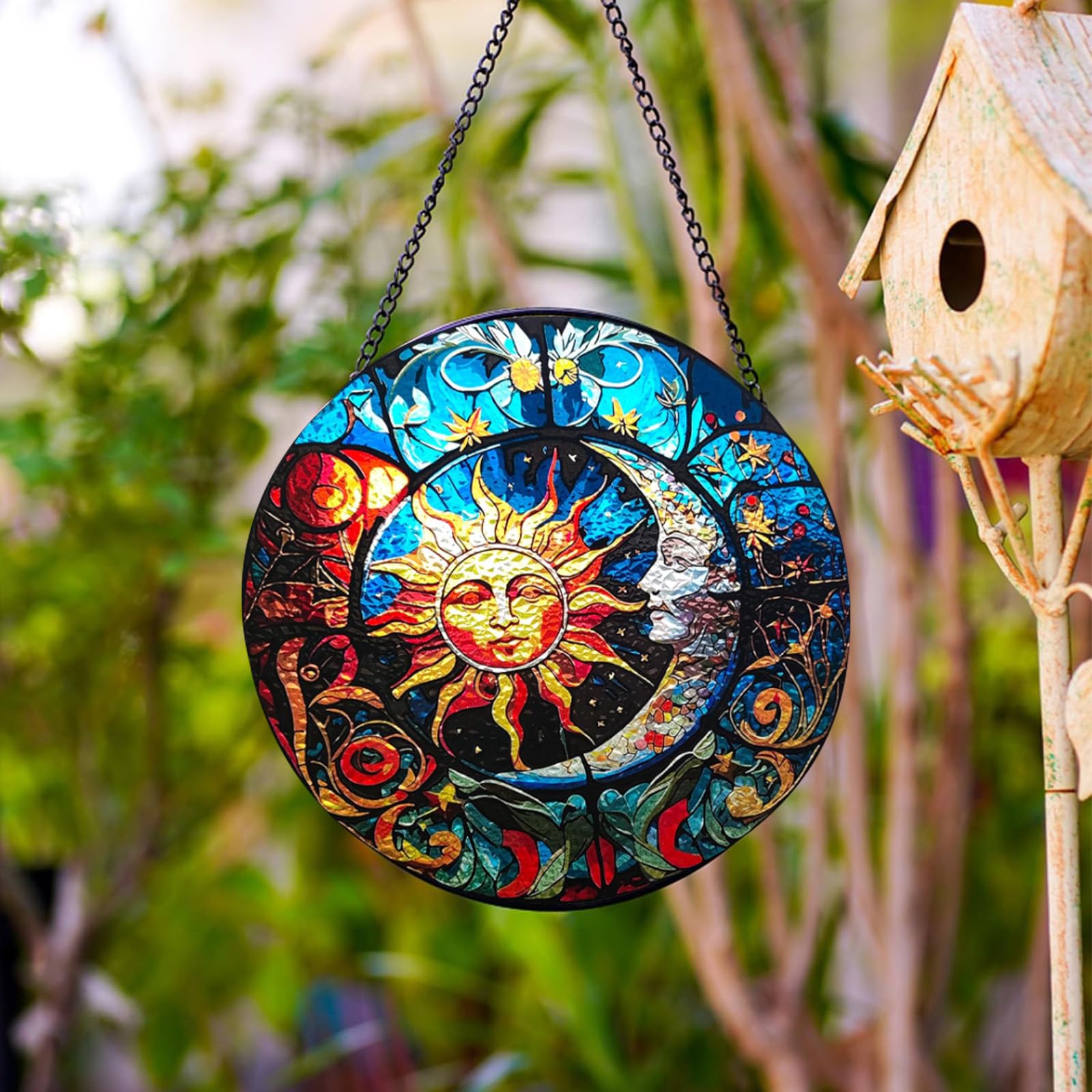 Amazon.co.jp: 太陽と月のステンドグラス壁掛けオーナメント、手描きの