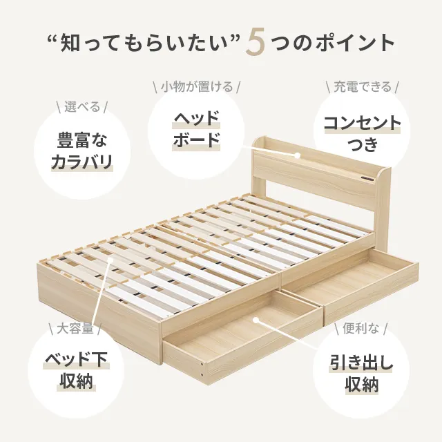 クイーン・大容量収納] コンセント機能付きベッド 収納左右組み換え