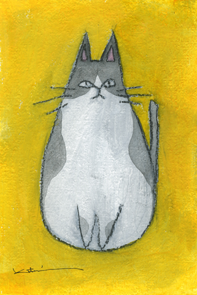 猫の絵画をミクストメディアで描いた香月和夫の猫の絵「ハチワレ猫」を