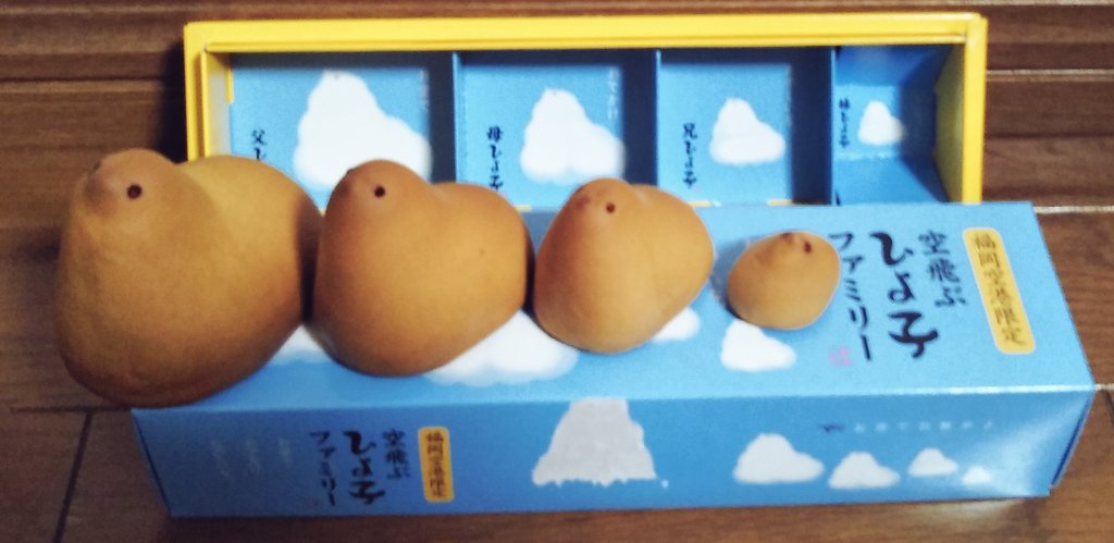 空飛ぶひよこファミリー。父、母、兄、妹です。福岡空港限定品