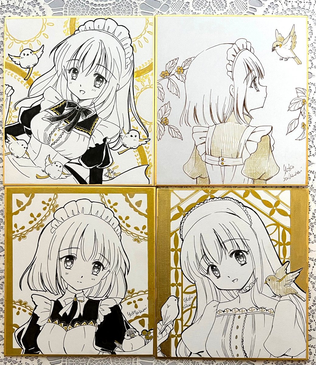 2/22のコミティア155で販売の色紙4枚です メイドさんと小鳥を描きまし