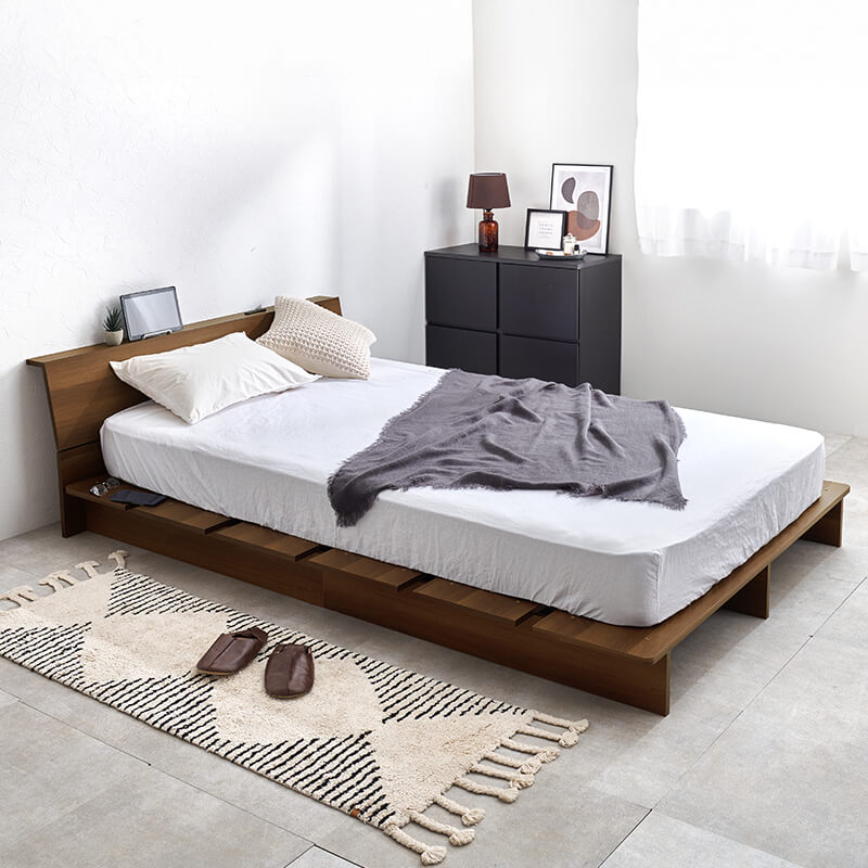 木目調ステージベッド 宮棚コンセント付き（フレーム単品orマットレス
