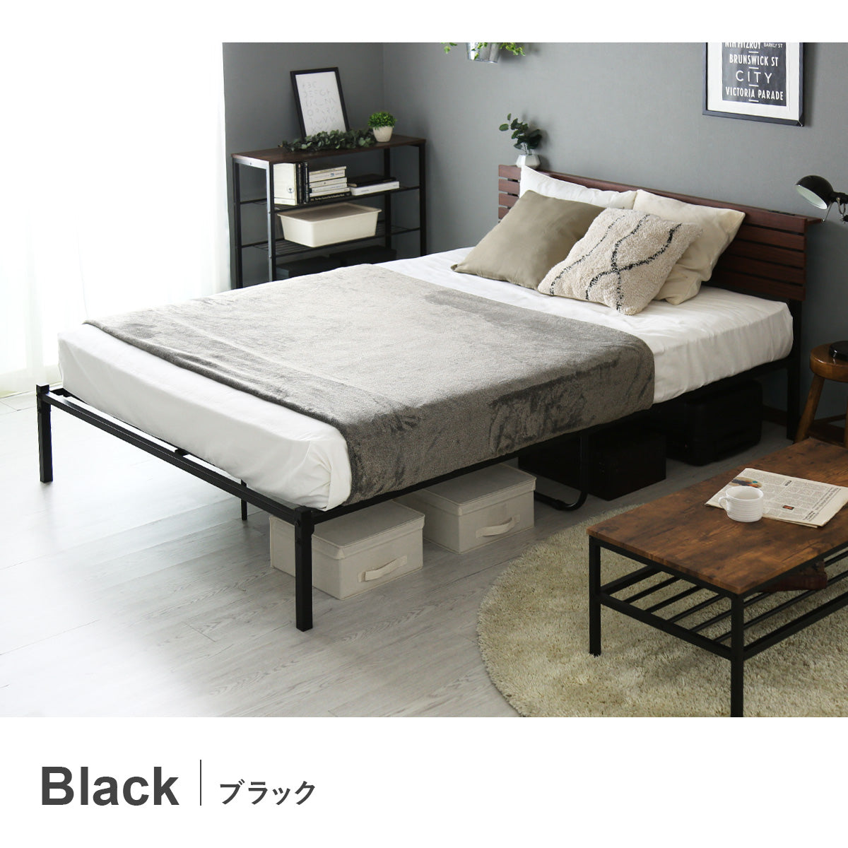 ダブルベッド ベッドフレーム コンセント付 ヴィンテージ調 ダブル