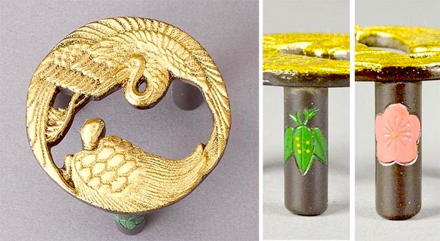 茶道具】唐銅 金箔貼 鶴亀丸紋 松竹梅漆絵 蓋置 *宗林