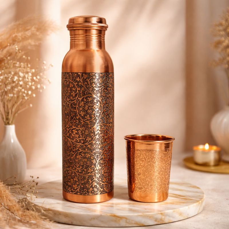 水筒 銅製 純銅 ウォーターボトル [フローラル] アーユルベーダ 手打ち