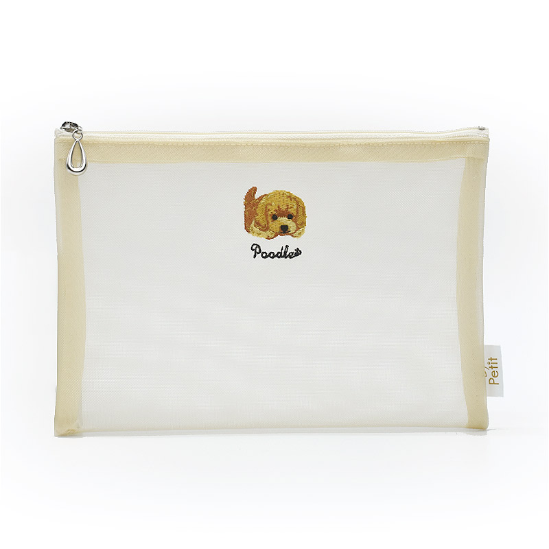 Enjeau（アーンジョー） 日本製 犬柄刺繍 メッシュ フラットポーチ