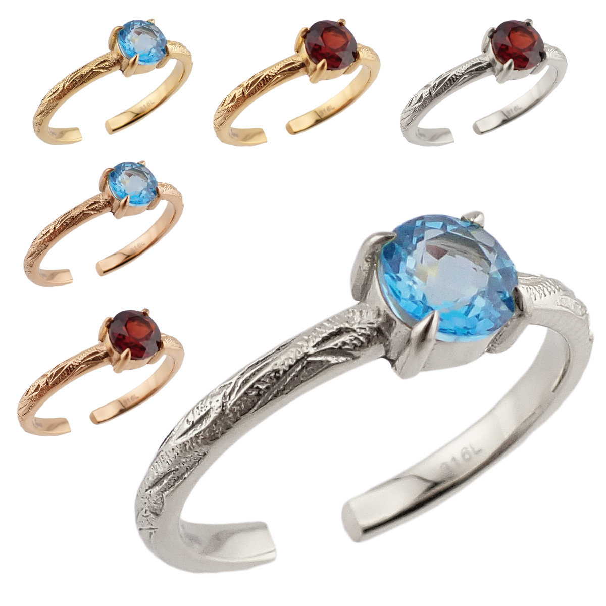 リング サージカルステンレス316L製 天然石 ガーネット ブルートパーズ