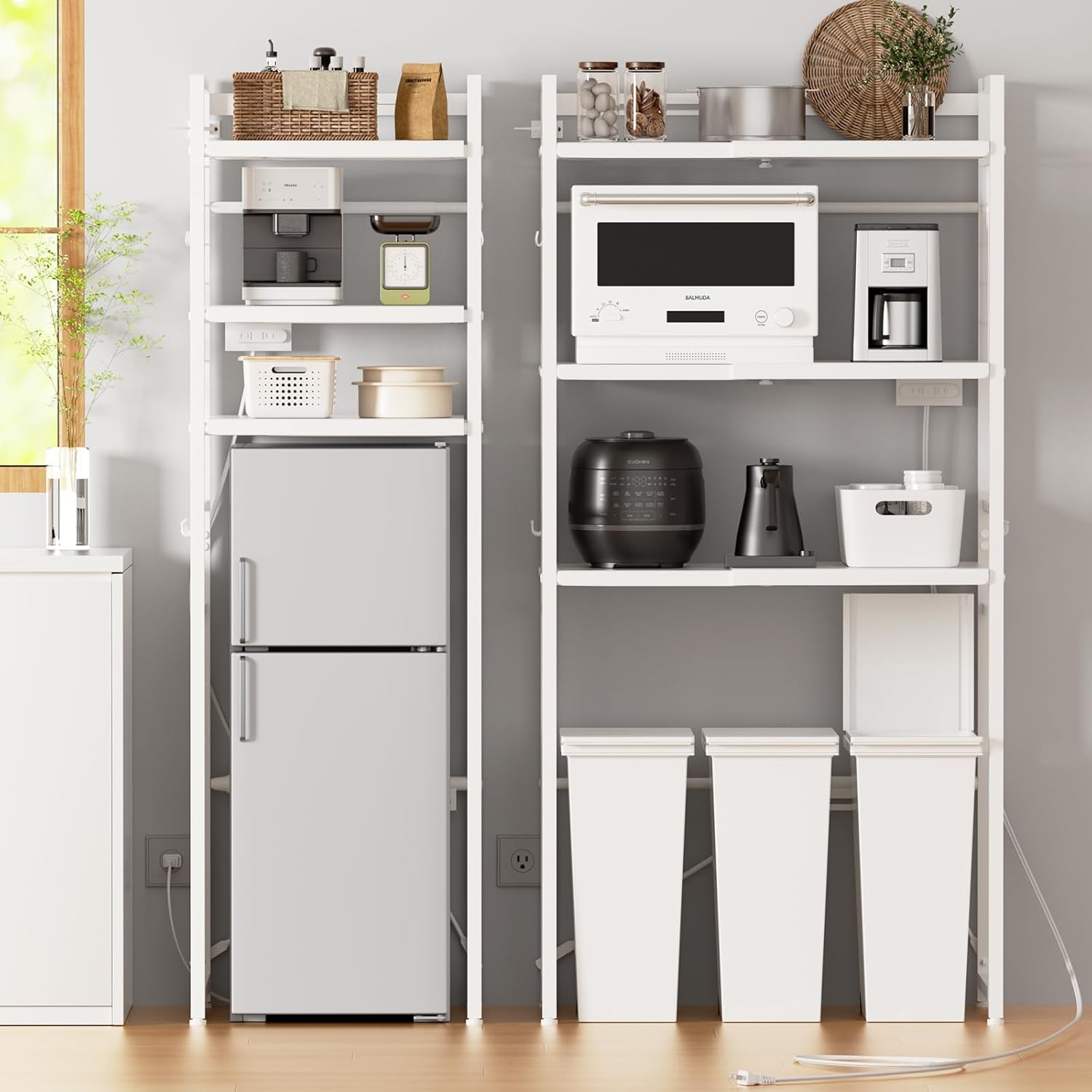 ゴミ箱上ラック 冷蔵庫上ラック 【幅50〜80cm伸縮可・2口コンセント