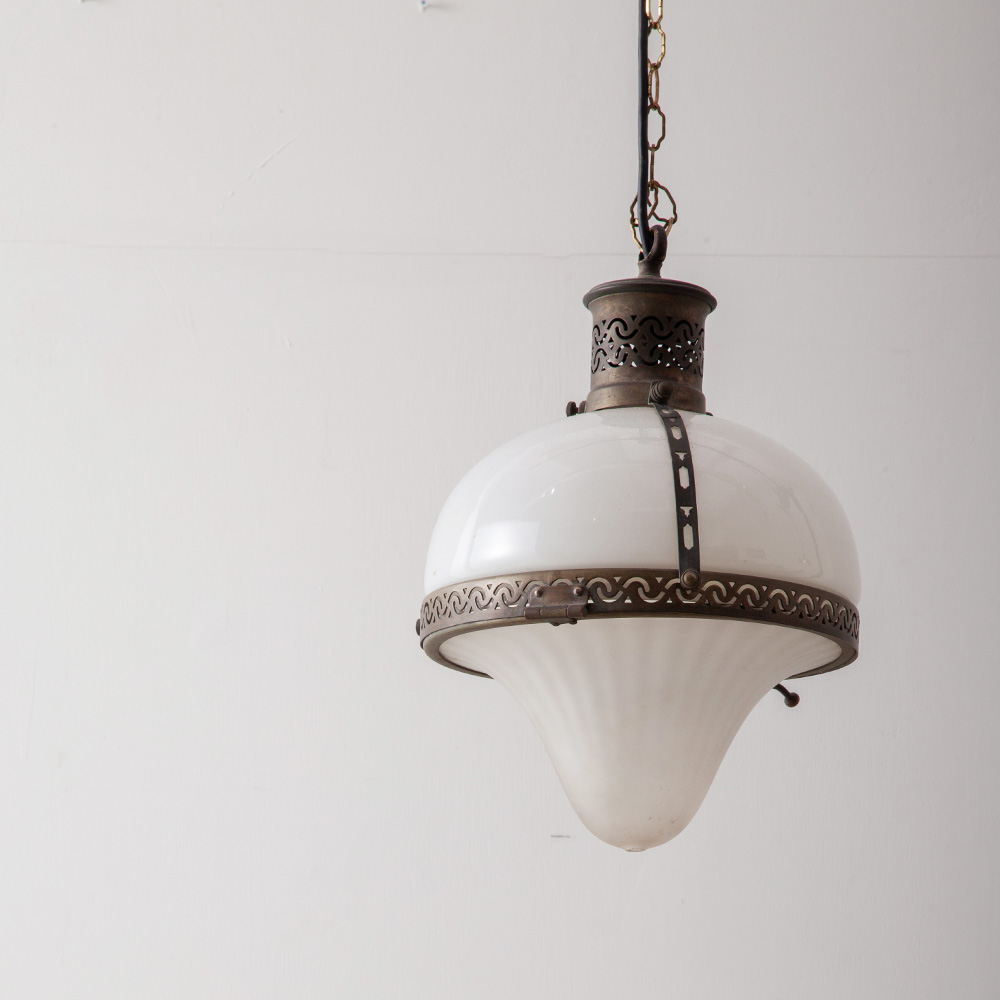 stoop | 1930s Pendant Light in Glass and Brass for Holophane