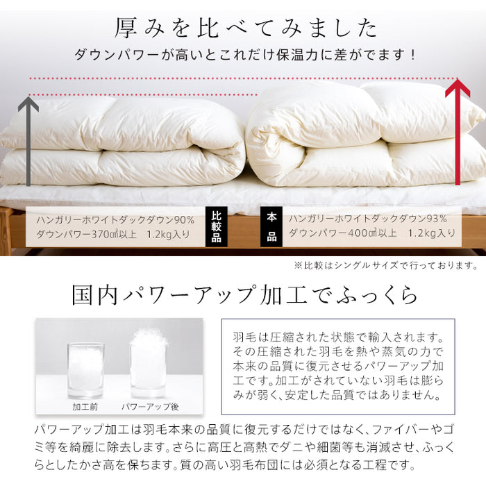 羽毛布団 シングル ハンガリーホワイトダック93％ 増量1.2kg 400DP