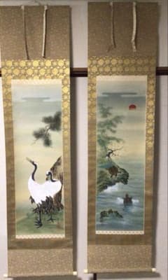 No5313 掛軸 双幅 銘有 国井孝雪 鶴亀之図 絹本 共箱 縁起物 送料無料