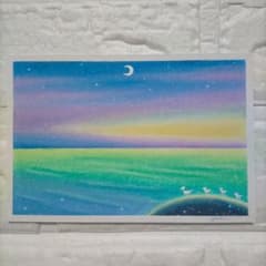 カルガモ親子と海 風景画 オイルパステル画 原画 ハガキサイズ 絵画