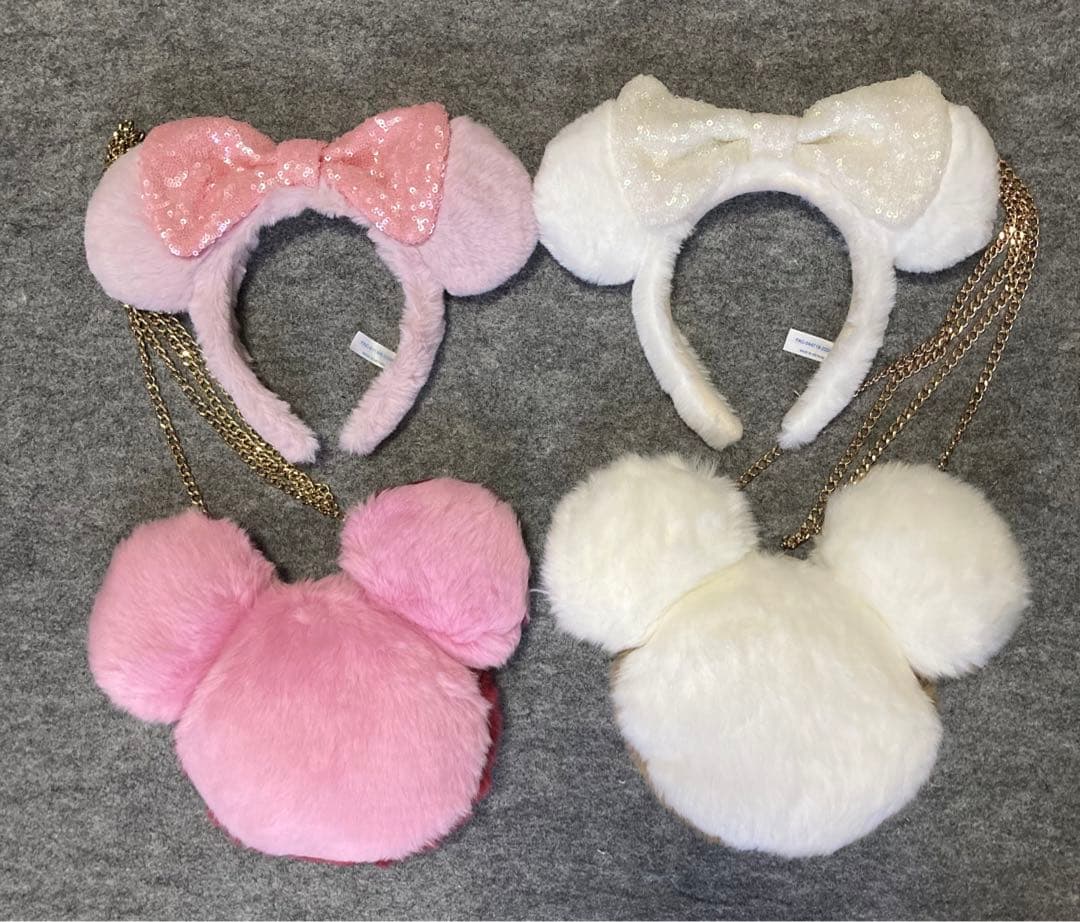 ディズニー　カチューシャ　ショルダーバッグ　もこもこ　ピンク　白　ボア Disney - ディズニー カチューシャ もこもこ ピンク スパンコール ボア