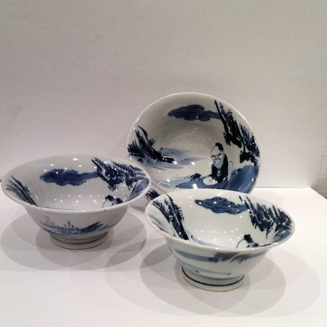 M398-5 江戸時代 古伊万里 染付山水仙人人物文 三種大丼鉢 大茶碗 江戸時代 無傷 極上 鳳凰山水文染付古伊万里大鉢28cm 献上手古伊万里深