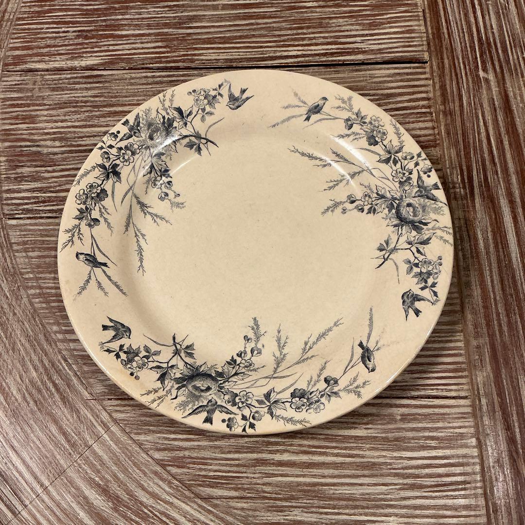 美品　フランスアンティーク　クレイユモントローリノットプレート　花　鳥 クレイユモントロー リノット Creil&Montereau Linotte デザート皿 平皿