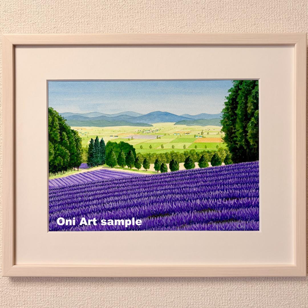 アクリル画　原画　「ラベンダー畑15」額縁付　F４サイズ　風景画 カキツバタの咲く水辺」透明水彩画 原画 風景画 額縁付 F6サイズ 絵画