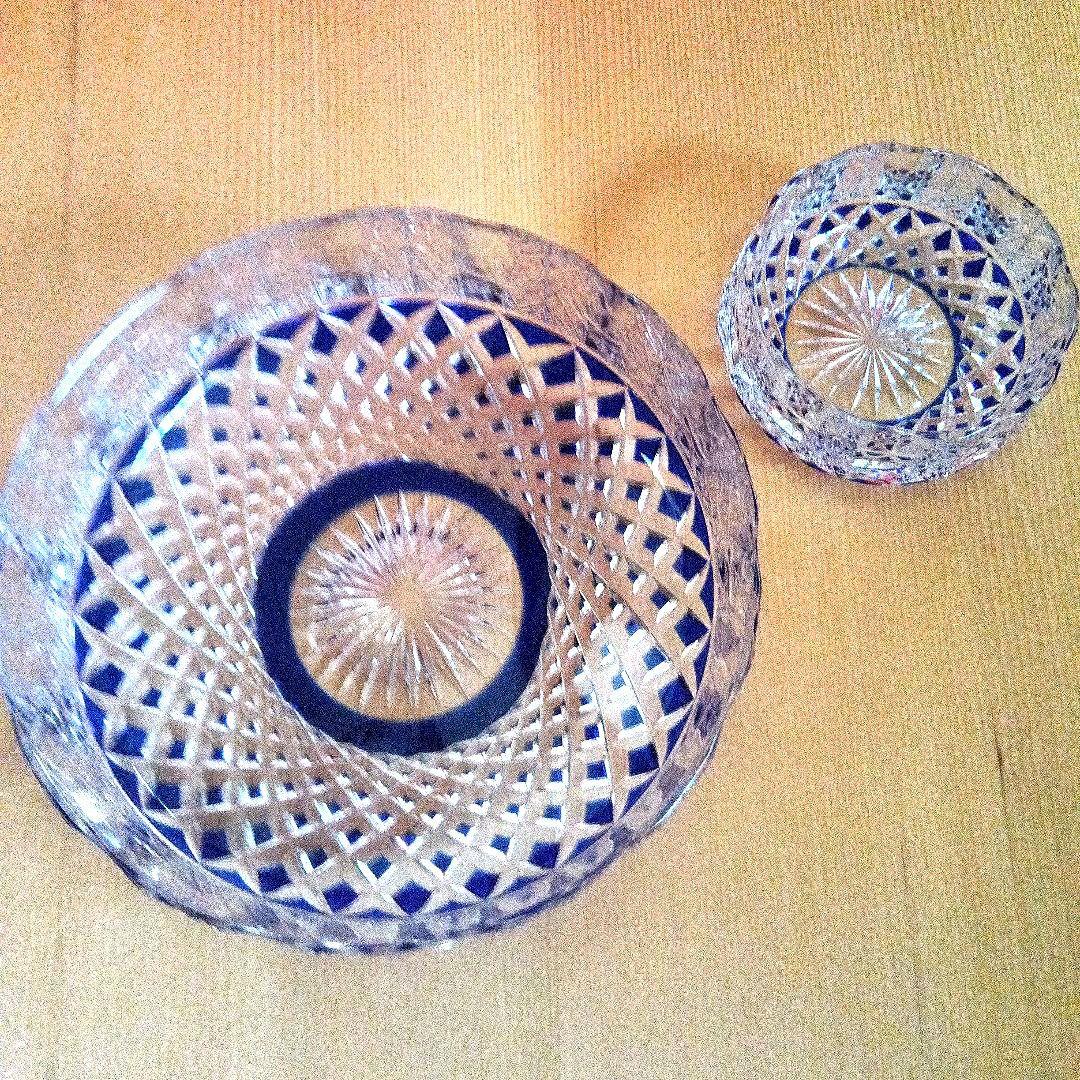 保谷クリスタル瑠璃被切子向付　十客