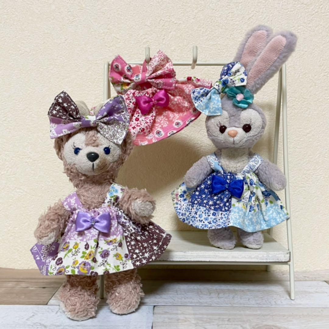 小花パッチワーク風プリントꕤ*ワンピースセット★ステラルーぬいぐるみバッジ用コス サテン&ゴールド星プリントチュールワンピース+リボンセット