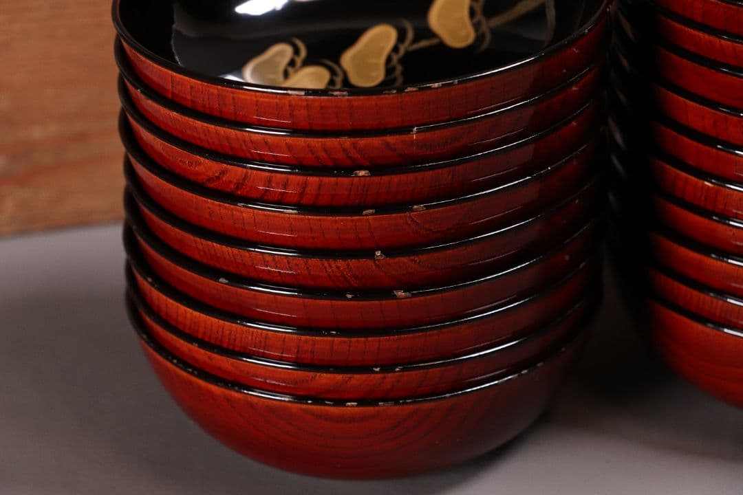 漆芸 輪島塗 松蒔絵 木皿 二十客 欅地 木地溜塗 黒塗 金蒔絵 【MA359