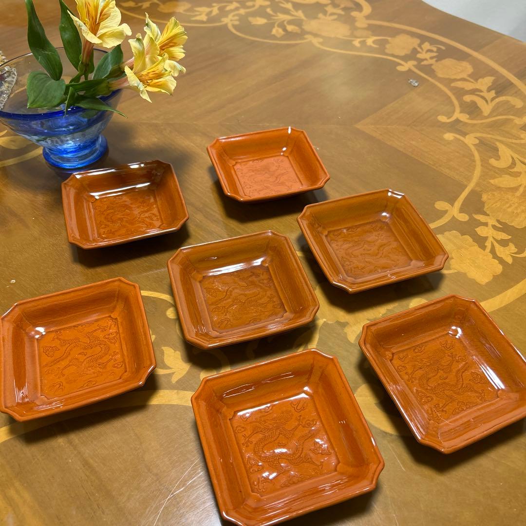 珉平焼 民平焼 小皿 淡路珉平焼 手塩皿 アンティーク　7枚 柿釉薬 淡路民平焼 青緑釉 手塩皿｜アンティーク 和食器｜サイズ 9×9×1.5