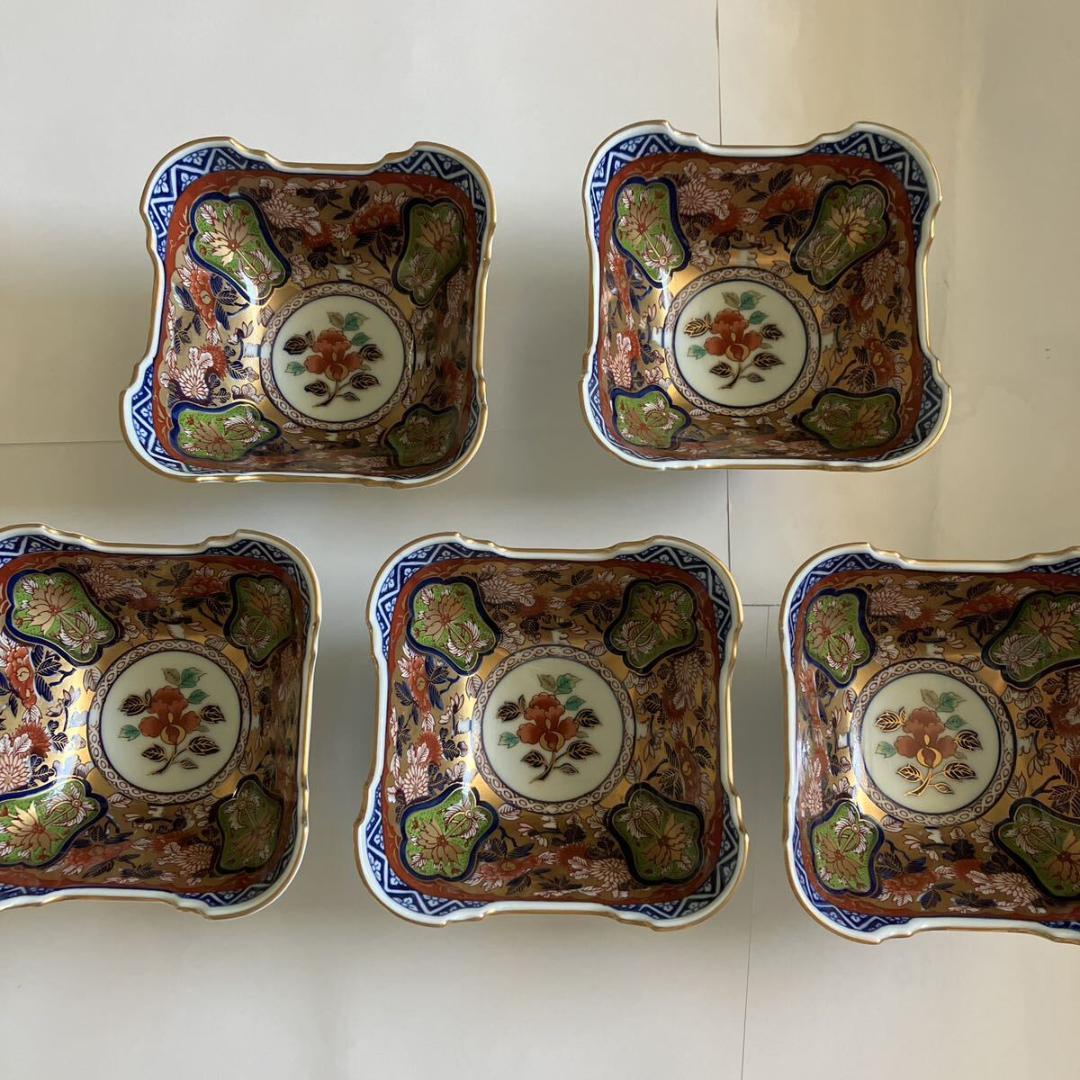 有田焼 賞美堂 日肥其泉 昭和年製 極錦金彩 古伊万里 様式 四方小鉢揃 五客 有田焼 賞美堂 其泉 極錦金彩古伊万里様式銘々皿揃15cm5枚組 得