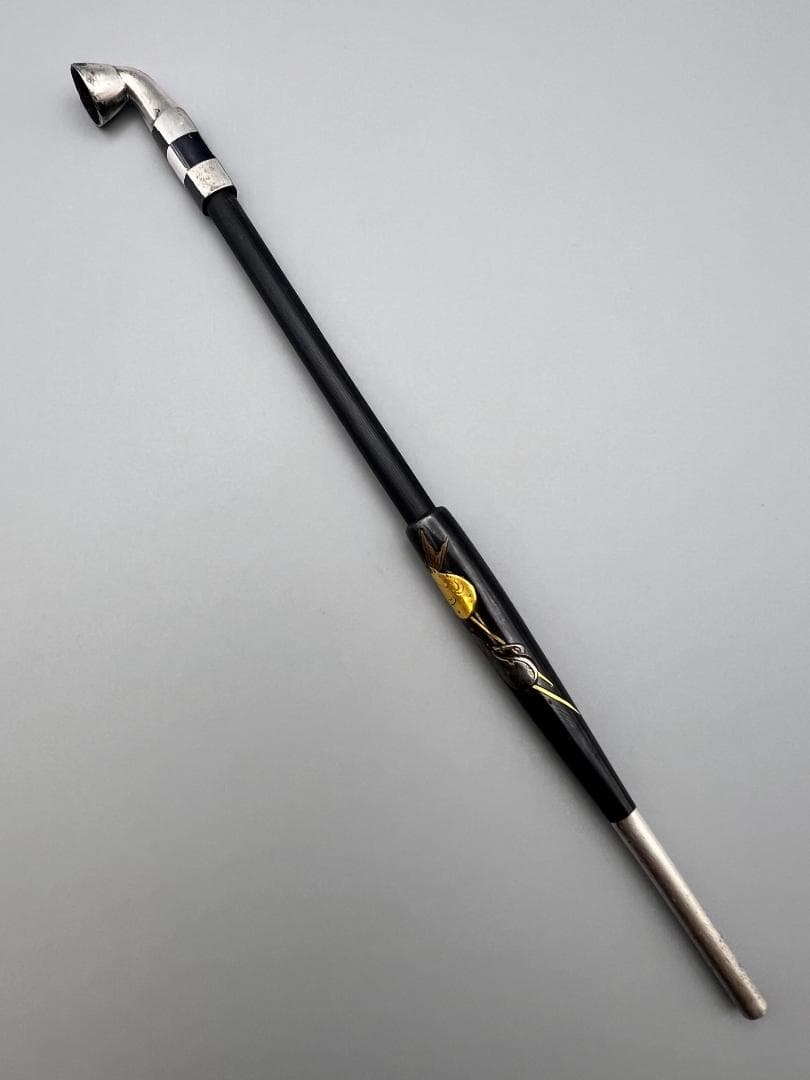 レア 銀製 煙管 キセル 在銘 狐と鯛図 赤銅金象嵌 銀細工 レディース用