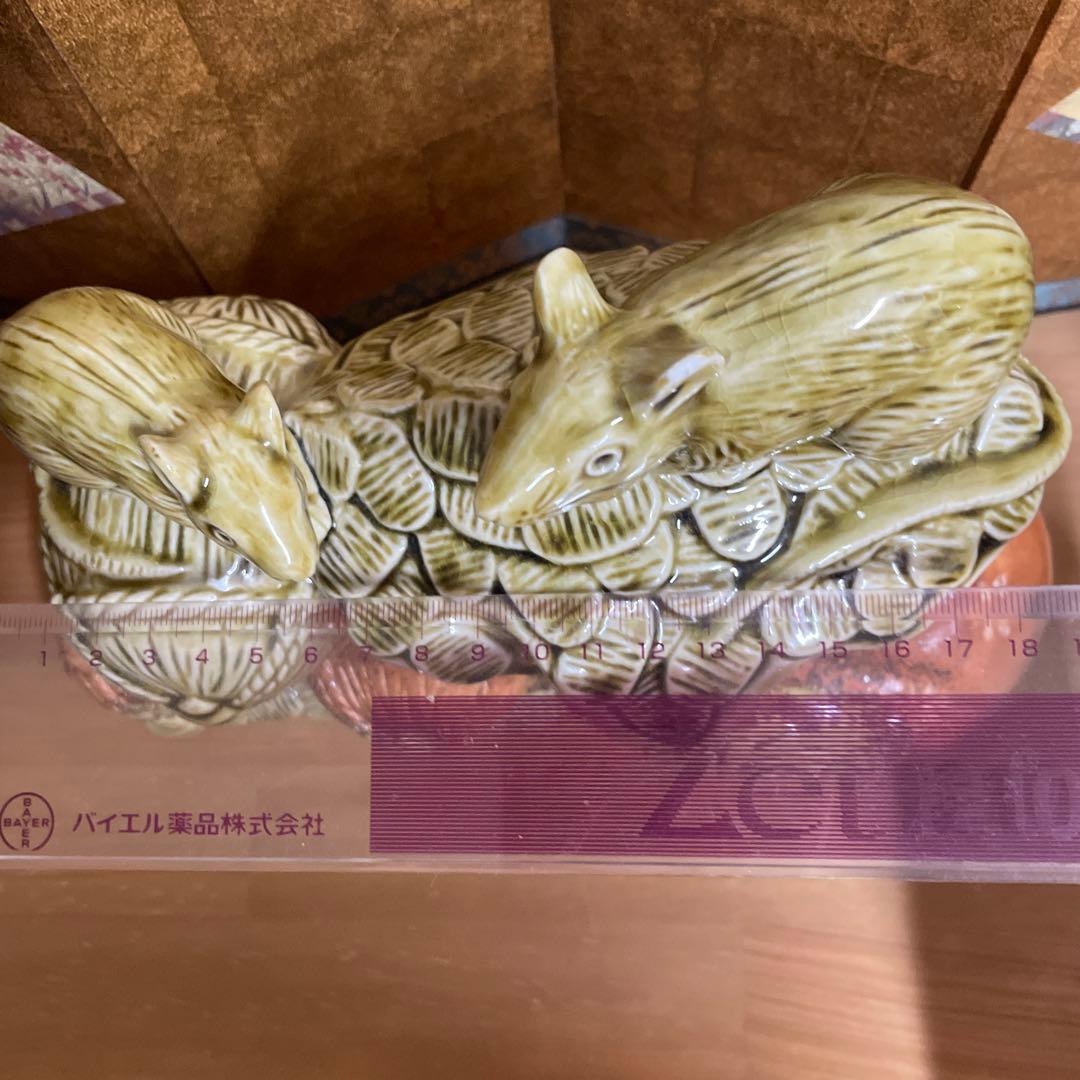 美品 福とネズミと米俵と小判の陶器置物 縁起物 福 俵 米俵 約26cm