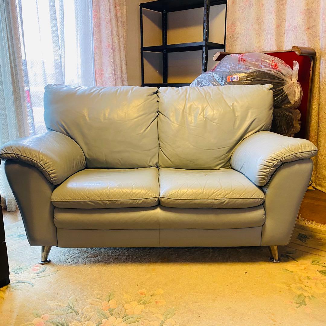 ライトブルー レザー 2人掛けソファ エレガント ソファー 2人掛け ライトブルー 幅123×奥行73×高さ73×座面